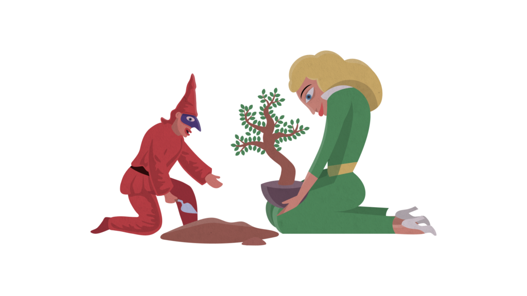 Aperitif characters planting small tree