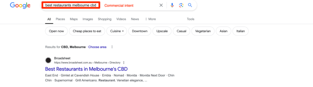 Screenshot of Google SERP showing commercial intent